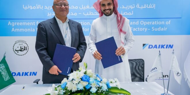 Daikin Air Conditioning Saudi Arabia (“Daikin”), a leading manufacturer of Air Conditioning, Heating, Ventilation, & Refrigeration solutions announces its agreement signed with Al-Hatab Bakery Factory 2 in Sudair Industrial Area, Saudi Arabia. Al Hatab Bakery’s strategic expansion to implement climate-friendly refrigeration solutions in its business model is in line with Daikin’s agenda to support its partners and customers in adopting advanced and sustainable cooling solutions. The agreement was signed by Mr. Ammar Al Daajan, Vice President of Al-Hatab Bakery, and Mr. Shinji Jodo, Managing Director of Daikin Saudi Arabia. It consists of supplying, installing, and commissioning 11 Daikin Zanotti Ammonia compressors, 150 coolers, and 6 Evaporative Condensers along with all other plant room equipment on a turnkey basis. Al-Hatab Bakery, a part of the Al Daajan Group of Companies is a leading bakery in Saudi Arabia with a strong passion for baking that has emerged to provide its customers with a wide variety of freshly baked goods and gourmet specialties with a diverse line of fresh breads, decadent sweets, delicate pastries, juice, salads, and sandwiches.  Mr. Hany Elbegawi, Executive Manager of Al Daajan for Construction Co. Ltd. said “Our relationship with Daikin started from Al-Hatab Bakery Factory - Sudair 1, where Daikin supplied the complete HVAC solution. For our second factory, we wanted an efficient, reliable, durable, and environmentally friendly solution for our refrigeration plant. Daikin has played a crucial role from the early stages of the factory’s establishment and was able to meet our requirements, by providing our consultants with the technical information needed promptly. We are confident that Daikin will deliver on their commitments as they usually do." Commenting on the occasion, Mr. Shinji Jodo, Managing Director of Daikin Saudi Arabia said, “We are honored that Daikin has been selected as a partner for Al- Hatab Bakery Factory 2 in Saudi Arabia. Our state-of-the-art refrigeration solutions will enable Al-Hatab Bakery to improve operations and achieve energy efficiency. Al Hatab Bakery is our long-standing trusted partner, and we are looking forward to achieving another milestone together.” “With this agreement, Daikin has reiterated its leadership in the HVAC & Refrigeration Industry in Saudi Arabia, and its efforts to fuel sustainable solutions to the Kingdom’s growing business landscape, an important milestone towards local commitment to the realization of Vision 2030 goals,” Mr. Shinji added. Daikin has over 100 years of experience as a comprehensive manufacturer, the company offers a ‘total solution’ that combines refrigeration, heating, air conditioning, and air handling systems to meet the strict demands of the food industry and deliver lower running costs. Daikin provides a diverse product line-up for all aspects of the entire cold chain that covers food production and processing, transportation, storage warehouses, and stores. About Daikin Daikin Industries is the global leader in developing and manufacturing advanced, high-quality air conditioning, heating, ventilation, and refrigeration products (HVAC-R) and solutions for residential, commercial, and industrial applications. Founded in Japan in 1924, the company strives to combine expertise and experience to create new innovative technologies by anticipating the future requirements of customers and society. Daikin has evolved over nearly 100 years to employ 96,000 people with 117 production bases and operations in more than 170 countries worldwide. Daikin Saudi Arabia promotes and provides aftermarket support for a full range of air conditioning equipment and systems in the Kingdom, with the HQ in Riyadh, 2 branches in Dammam and Jeddah, and the new factory in Sudair Industrial City.